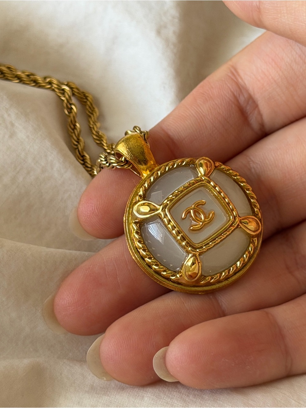 CHANEL Gold and Cream CC Medallion Necklace